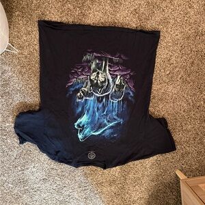 Black T-Shirt with Wolf and Aurora Design